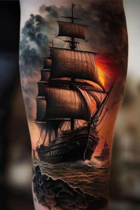 ship tattoos Ship Sunset Tattoo, Nautical Ship Tattoo, Notical Tattoos Sleeve, Pirates Ship Tattoo, Burn The Boats Tattoos, Ship Leg Tattoo, Pirate Ship Tattoo Sleeve, Boat Tattoo Men, Ship Tattoos For Men