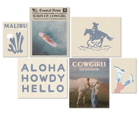 PRICES MAY VARY. Our Coastal Cowgirl Wall Art Poster/Picture Packs Are Ideal For Decorations Of Home, Bedroom, Apartment, Living Room, Dining Room, Bathroom, College Dorm, Kitchen. The Pretty Cute Pictures Prints Are Well Designed With Different Themes Including Surfs Up Surfboard Newspaper, Aloha Howdy Hello Wall Art, Preppy Beach, Cowgirl Vintage Boots. In Our Packages, 6 PCS Multi-sizes UNFRAMED Elegant Light Blue Color Canvas Prints Are Well Packed In Protective White Bubble Bags. Each Beaut Girls Teen Bedroom, Surfer Room Decor, Room Lights Decor, Surfer Room, Cowgirl Wall Art, Cowgirl Room, Beach Decorations, Room Decor Aesthetic, Beach Room