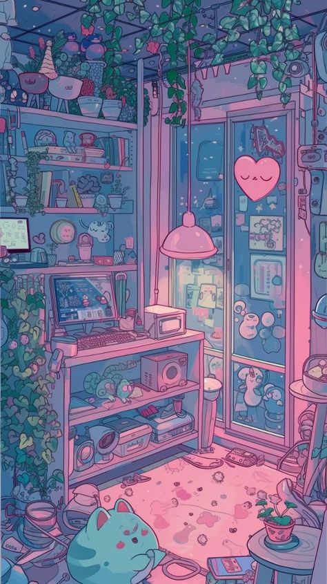 Seerlight Aesthetic, Kawaii Illustration Wallpaper, Cute Pixel Wallpaper, Kawiia Wallpaper, Pink Lofi Aesthetic, Lofi Aesthetic Wallpaper, Cute Kawaii Wallpapers, Aesthetic Lofi Art, Lofi Background