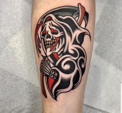 Evil Filler Tattoo Ideas, Traditional Chainsaw Tattoo, Emo Traditional Tattoo, American Traditional Reaper Tattoo, American Traditional Coffin, American Traditional Reaper, Grim Reaper Traditional Tattoo, Grim Reaper Tattoo Traditional, American Traditional Grim Reaper Tattoo