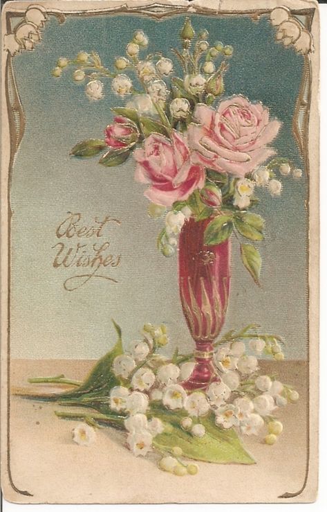 Vintage Greeting Card with rose & vase Vasos Vintage, Raindrops And Roses, Postal Vintage, Vintage Birthday Cards, Decoupage Vintage, Vintage Birthday, Antique Postcard, Vintage Greeting Cards, Vintage Art Prints