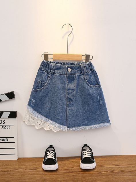 Medium Wash    Denim Plain A Line Embellished Non-Stretch  Toddler Girls Clothing Girls Denim Skirts, Cat Scratch, Eyelet Embroidery, Skirts For Kids, Denim Skirts, Girls Denim, Toddler Girl Outfits, Girls Clothing, Toddler Girls