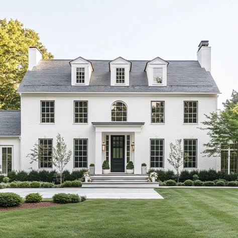 Modern Colonial Exterior, Southern Colonial Homes, Modern Traditional House, Colonial House Exteriors, White Exterior Houses, Georgian Architecture, Dream Life House, Home Exteriors, Chilling With Friends