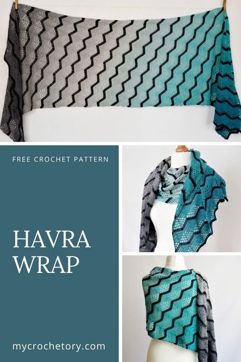 Ombre yarn Havra Crochet Wrap free pattern - MyCrochetory Thread Projects, Learning Crochet, Wearable Crochet, Crocheted Scarves, Crochet Shawl Free, Knit Shawls, Crochet Scarfs, Chevron Crochet, Crochet Wrap Pattern