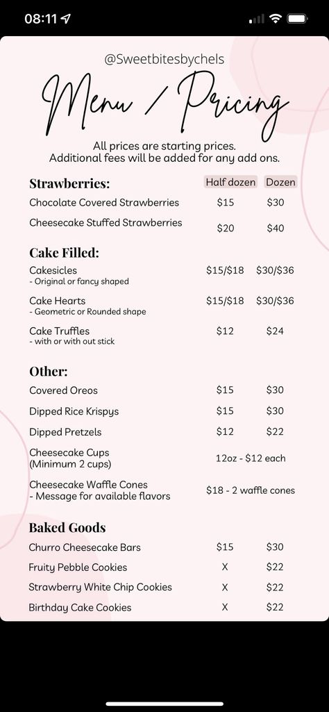 Dessert Cup Pricing, How To Start A Treat Business, Dessert Pricing Chart, Strawberry Names Ideas, Chocolate Covered Treat Prices, Cakesicle Pricing, Home Bakery Pricing, Small Cake Business Ideas, Mini Cake Pricing