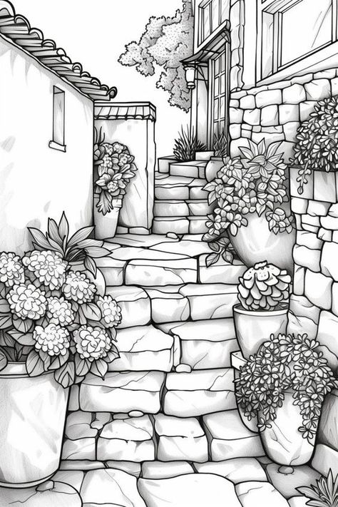 Terraced Garden, Free Adult Coloring Printables, Peaceful Garden, Garden Coloring, Garden Coloring Pages, Garden Retreat, Adult Colouring Printables, Coloring Pages Inspirational, Concept Art Tutorial