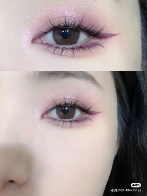 Purple Eye Makeup Monolid, Kpop Purple Makeup, Purple Eyeliner Aesthetic, Korean Purple Makeup, Purple Eye Makeup Hooded Eyes, Douyin Makeup Purple, Purple Douyin Makeup, Purple Makeup Aesthetic, Violet Eye Makeup