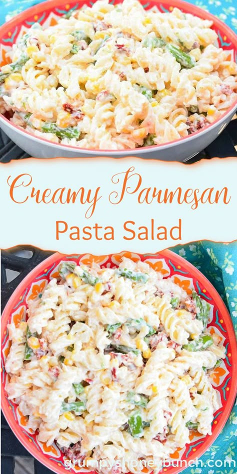 This creamy and delicious pasta salad is made with a parmesan dressing, rotini pasta, corn, asparagus, and sun-dried tomatoes. It is full of delicious flavors and is a great side dish recipe. #sidedish #pasta #salad #vegetarian #GHBrecipes Room Temperature Pasta Salad, Cold Parmesan Pasta Salad, Pasta Salad Recipes Parmesan, Pasta Salad Mayo Dressing, Easy Creamy Pasta Salad, Sunshine Pasta Salad Pioneer Woman, Creamy Parmesan Pasta Salad, Parmesan Pasta Salad Cold, Rigatoni Pasta Salad Recipes