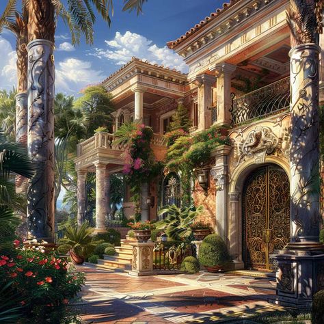 Mediterranean Style Mansion Dreams Unleashed with Luxurious Living • 333+ Images • [ArtFacade] Mediterranean Castle Aesthetic, Mediterranean Mansion Interior Luxury, Middle Eastern Mansion, Stone House Mediterranean, Mediterranean Mansion Exterior, Mediterranean Castle, Mediterranean Palace, Dnd Waterdeep, Tuscan Mansion