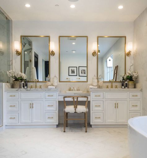 Double Sink Bathroom Makeup Vanity, 2 Sink Bathroom Vanity With Makeup Area, Makeup Bench Vanity, Vanity In The Bathroom, Master Split Vanity, Double Vanity And Makeup Vanity, 3 Mirror Vanity Master Bath, Double Vanity With Center Tower And Makeup Area, Double Vanity With Seating Area