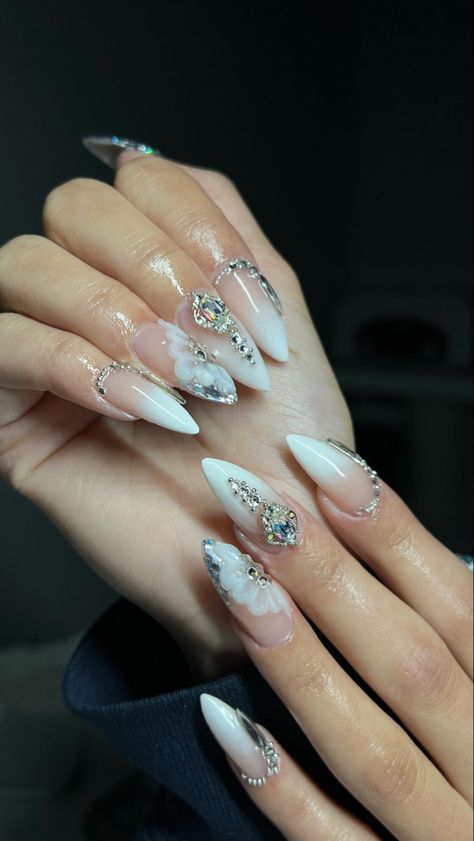 Almond Shaped Nails With Gems, Prom Nails Rhinestones Bling, Winter Wonderland Prom Dresses, Almond Nails Designs Jewels, Almond Nails With Diamonds Rhinestones, Quince Nails Almond Shape, White Nails With Rhinestones Almond, Rhinestone Almond Nails Designs, Almond Nails Designs Gems