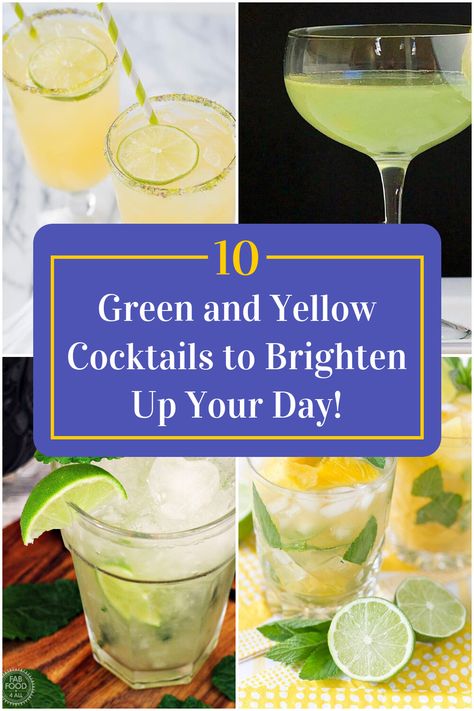 Collage of 4 green and yellow cocktails. Yellow Cocktails Recipes, Green Colored Cocktails, Yellow Cocktails Drink, Green And Yellow Alcoholic Drinks, Colored Cocktails, Yellow Cocktails, Green Chartreuse Cocktail, Green Cocktails, Party Cocktails