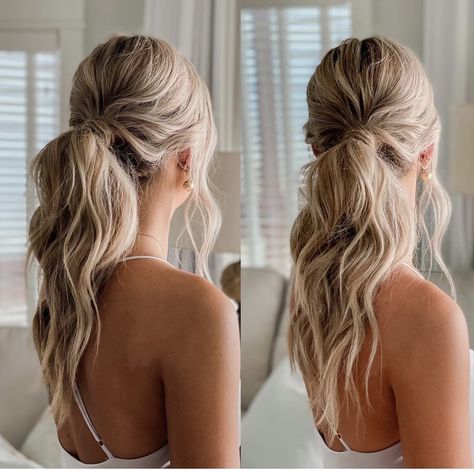 Pony Tail Hoco Hair Styles, Wavy Ponytail Wedding, Simple Hairstyles For Curled Hair, Bridal Messy Ponytail Hairstyles, Low Pony For Prom, Bridesmaid Hairstyles Ponytail Curls, Serena Vanderwoodsen Ponytail, Messy Pony Wedding Hair, Elegant Low Ponytail Wedding