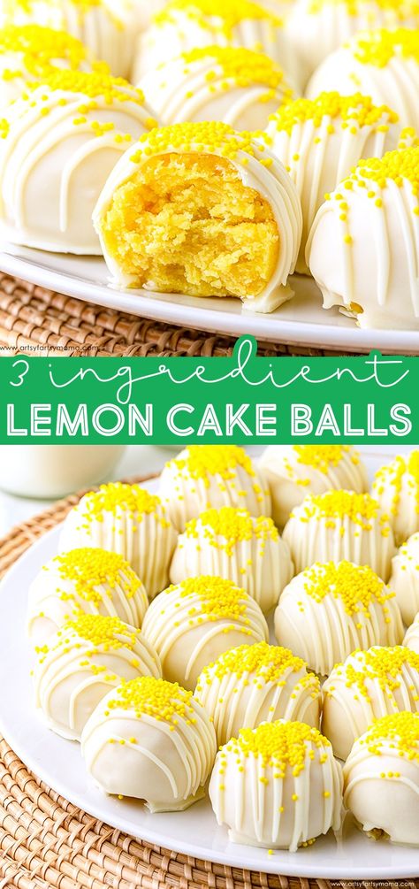 3 Ingredient Lemon Cake Balls #cakeballs #lemonrecipes #nobake #nobakerecipes #summer #easyrecipes #partyfood Lemon Cheesecake Balls, Cakeballs Recipes, Lemon Balls No Bake, 3 Ingredient Lemon Cake, No Bake Cake Balls, Lemon Cake Pops Recipe, Lemon Cake Balls, Lemon Balls, Raw Cake