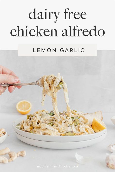 This Dairy Free Chicken Alfredo is creamy and delicious. With lemon, garlic, grilled chicken and asparagus – it’s the perfect easy week night meal! A lighter version of an old classic, made dairy free with cashew and coconut cream. Dairy Free Chicken Alfredo, Grilled Chicken And Asparagus, Garlic Grilled Chicken, Chicken And Asparagus, Dairy Free Pasta, Dairy Free Alternatives, Coconut Chicken, Citrus Chicken, Chicken Alfredo