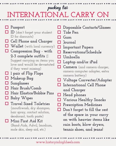 Packing Tips: International Carry On Checklist - History In High Heels Carry On Checklist, Packing Hacks, Missions Trip, Travel Checklist, Travel List, Packing Tips For Travel, What To Pack, Travel Packing, Packing Tips