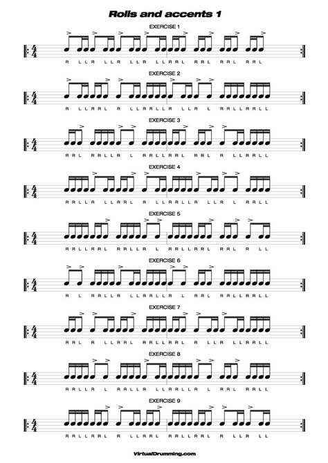 Drum sheet music lesson Rolls and accents 1 Drum Rudiments, Marching Snare Drum, Drum Practice, Learn Drums, Writing Songs Inspiration, Drum Notes, Drum Tuning, Percussion Music, Music Theory Lessons