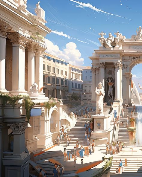 Greek Architecture Fantasy Art, Fantasy Marble City, White City Fantasy Art, Greek City Fantasy Art, Greek Palace Concept Art, Ancient Greek City Fantasy Art, Ancient Greek Fantasy Art, Roman Fantasy City, Greek City Art