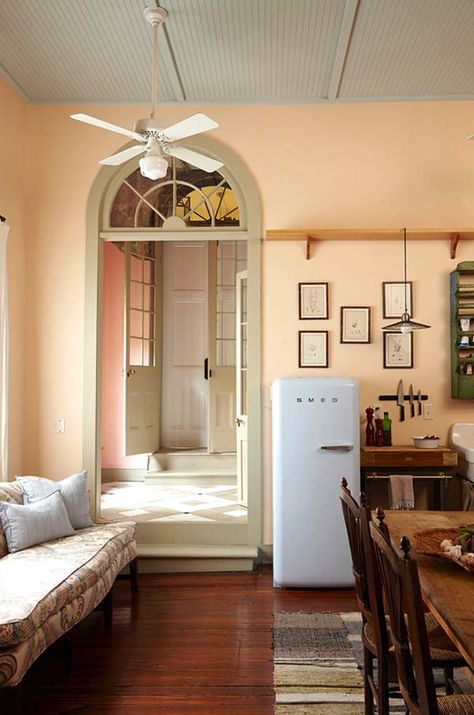 Restoration of Eclectic French Quarter Pied-a-Terre in New Orleans Beadboard Ceiling, Kitchen Wall Colors, Bedroom Wall Colors, Room Paint Colors, Trendy Living Rooms, Bedroom Paint Colors, Trendy Bedroom, Paint Colors For Living Room, Bedroom Paint