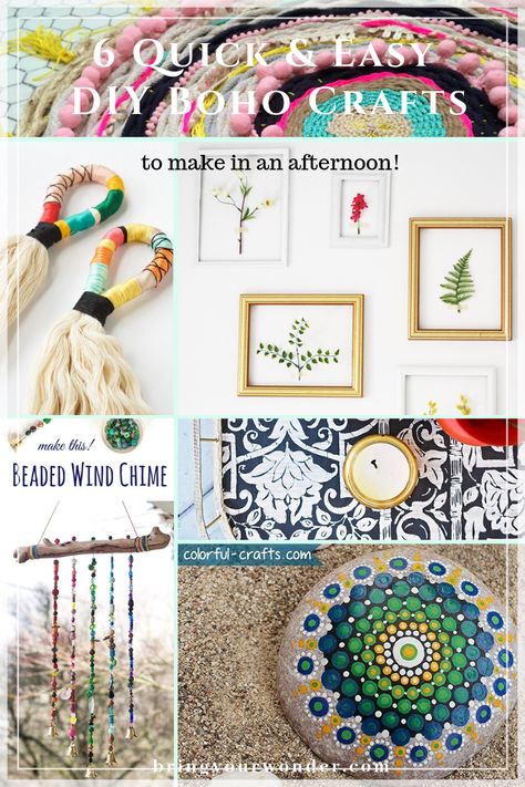 Feeling creative but don’t want to make a big mess, or spend a lot of money or time? These quick and easy boho DIY crafts will deliver a big bang for your buck. You may already have most or all of the supplies you need, and if not, don’t worry – creative substitutes are often where the real fun comes in! Best of all, most can be completed in an hour or two! Boho home decor | DIY home accents Boho Crafts To Make And Sell, Bohemian Handmade Crafts For Gifts, Handmade Bohemian Crafts For Gifts, Bohemian Large Beads For Crafting, Fabric Scrap Projects Boho, Boho Diy Crafts, Boho Hippie Home, Dillar Tree Boho Dyi, Boho Crafts