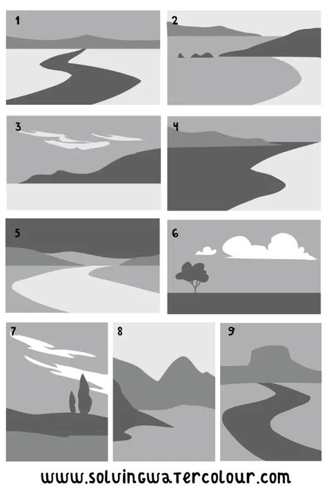 Simple Background Art Ideas, Landscape Thumbnail Sketches, Landscape Composition Drawing, How To Sketch Landscapes Step By Step, Landscape Art Tips, How To Draw A Landscape Step By Step, How To Color Backgrounds, Notan Landscape, Simple Landscape Reference