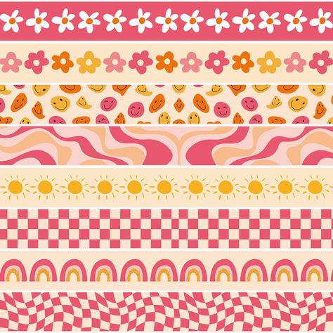 PRICES MAY VARY. The Amount of Package - Comes with 72pcs boho theme bulletin border stickers in 8 designs, each design contains 9pcs, sufficient for classroom decoration. Retro Groovy Patterns - Our bulletin border stickers have diverse designs, boho flower, funny face, rainbow, sun, checkered, etc., use bright rose pink color, well in line with retro groovy theme, perfect bulletin board decorations. Premium Material - Made of good material paper, durable and safe, easy to stick and peel, you c Retro Classroom Theme, Boho Bulletin Board, Boarders For Bulletin Boards, School Hallway Decorations, Groovy Theme, Groovy Classroom, Stickers For School, Flower Funny, Bulletin Borders