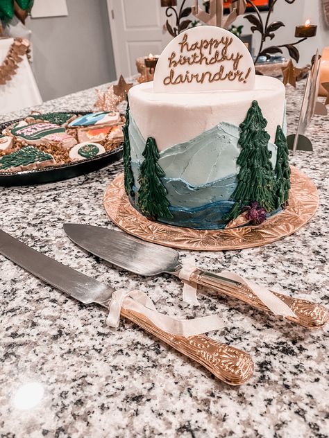 Camp Themed Smash Cake, National Park Cake Ideas, Adventure Themed Cake, One Happy Camper First Birthday Smash Cake, National Park Birthday Cake, National Park 1st Birthday, Camping Smash Cake, Happy Camper First Birthday Cake, One Happy Camper Cake Smash