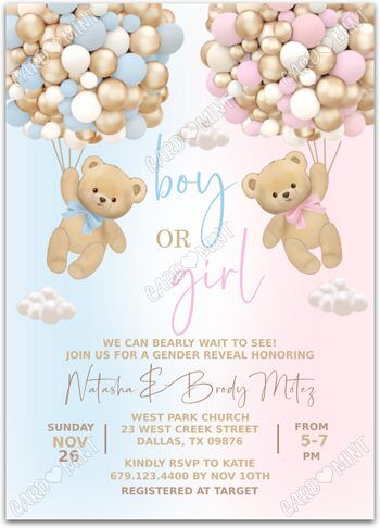 Order Confirmation | Cardmint Virtual Gender Reveal Invitation, He Or She Bear Theme, Invitation Card Design Gender Reveal, Gender Reveal Invitation Ideas Template, Gender Reveal Invites Template, Gender Reveal Cards Invitations, Gender Reveal Card Ideas, Gender Reveal Invitations Ideas, Bear Gender Reveal Invitations