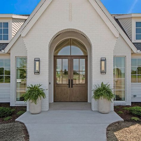 Front door - archway and glass over double door Front Door Half Window, Front Door Archway, Rounded Double Front Door, Arched Wood Front Door, Fiberglass Double Front Door, Arched Doorway Exterior, Arch Front Door Exterior, Arched Front Doors, Door Archway