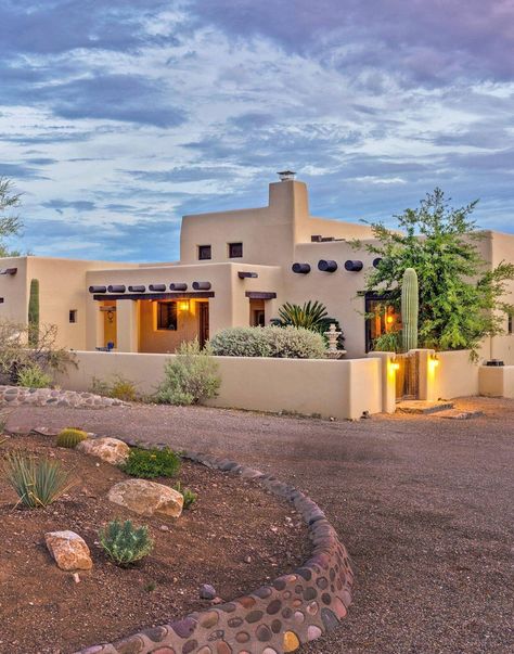 Southwestern Exterior House, Arizona Ranch Style Homes, Small Desert Home Exterior, Adobe Revival Home Exterior, Adobe Desert House, Arizona House Exterior Spanish Style, New Mexico Ranch House, Adobe Exterior House, Dessert Home Exterior