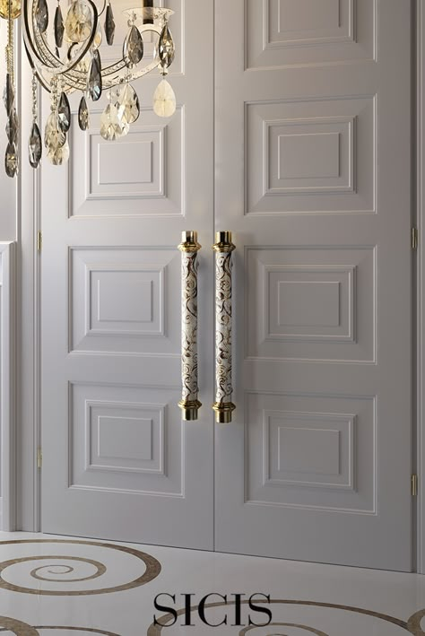 Main Door White Design Entrance, White Main Door Entrance, White Main Door, White Entrance Door, Classic Door Handle, Pintu Interior, Classic Window, Luxury Door, Gold Mosaic