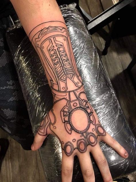 Gauntlet Tattoo, Marvel Tattoo Sleeve, Iron Man Tattoo, Revelation Tattoo, Avengers Tattoo, Optical Illusion Tattoo, Comic Tattoo, Infinity Gauntlet, Marvel Tattoos