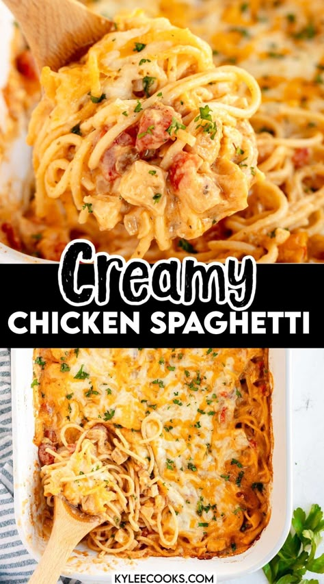 You are going to LOVE this ultimate comfort food, Creamy Chicken Spaghetti! A heavenly mix of tender chicken, homemade creamy sauce with a hint of spice, and not one, not two, but THREE kinds of cheese. Perfect for cozy nights in! Easy Chicken And Spaghetti Recipes, Spaghetti Recipes With Chicken, Chicken And Spaghetti Recipes, Ground Chicken Spaghetti, Spaghetti Chicken, Chicken Spaghetti Recipe, Crockpot Pasta Recipes, Chicken Spaghetti Casserole, Cheesy Chicken Spaghetti