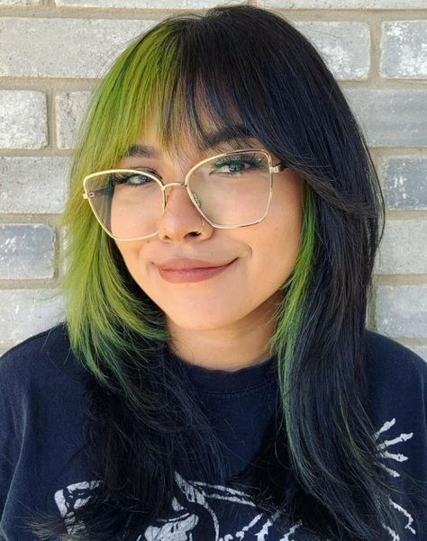 Black Hair With Fashion Colors, Hair Color Ideas For Round Faces, Bangs With Colored Hair, Color In Bangs, Colored Bangs Black Hair, Bangs Glasses Round Face, Black And Vivid Hair Color, Colorful Bangs Hair, Short Hair With Bangs For Round Faces Double Chin