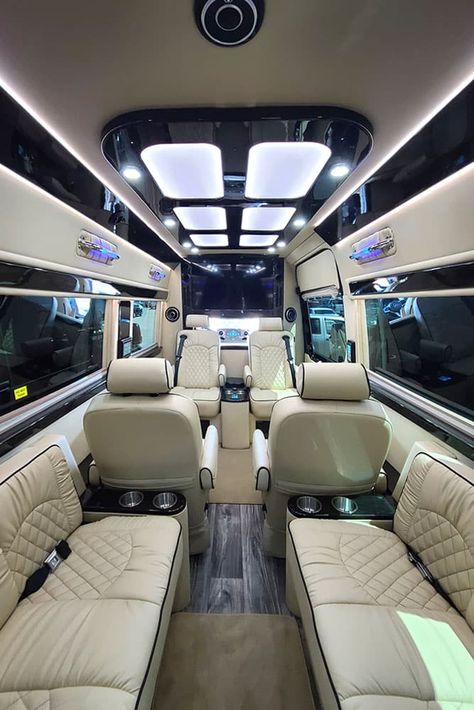 Mercedes Sprinter Van Luxury, Mercedes Sprinter Luxury, Mercedes Van Interior, Mercedes Sprinter Van Conversion, Sprinter Van Interior Ideas, Luxury Sprinter Van, Sprinter Interior, Family Van, Villa Exterior Design