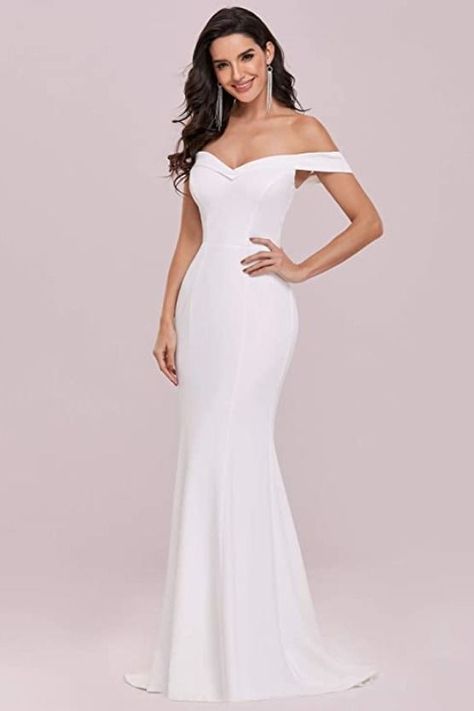 This bodycon evening gown features off-shoulder, cap sleeve, V-neck, bodycon, fishtail, sweetheart, sweep train, long wedding dresses, simple wedding dress, bridal dresses, formal dresses long. Mermaid Trumpet Dress, Infinity Gown, Dresses For Bride, Exclusive Gowns, Bridal Party Gowns, Off Shoulder Wedding Dress, Exquisite Gowns, Plus Size Gowns, Trumpet Dress