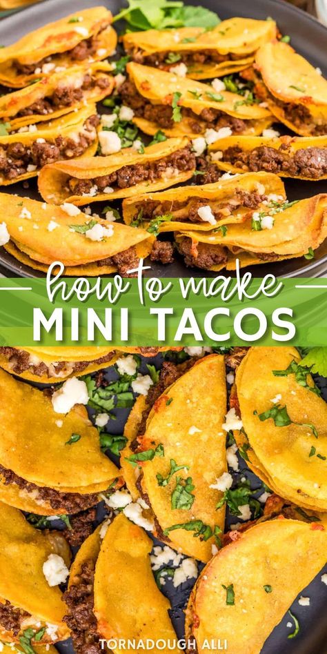 With minimal time and ingredients, these Mini Tacos are a fun and easy dinnertime recipe that the whole family goes crazy for! These Mini Tacos are an easy dinnertime or appetizer recipe that takes minimal ingredients and time. They are baked so they are super greasy from a deep fryer and have a simple taco mixture inside with cheese. They are baked so they are greasy from a deep fryer and have a simple taco mixture inside with cheese. Save this incredible recipe! Cinco De Mayo Taco Recipes, Mini Beef And Cheese Tacos, Jack In The Box Mini Tacos Recipe, Small Tacos Recipes, Mini Taco Recipes, Mini Taco Pizza, Tortilla Chip Mini Tacos, Crispy Mini Tacos, Baked Mini Tacos Ground Beef