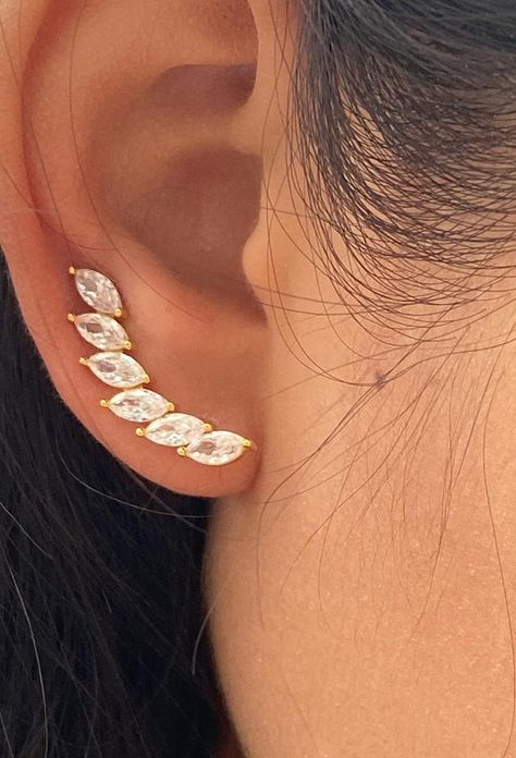 Marquise Row Ear Climbers / Ear Crawler Earring / Bridesmaid | Etsy Ear Climber Earrings, Earring Bridal, Silver Crystal Earrings, Ear Crawler, Minimalist Earring, Ear Crawler Earrings, Ear Crawlers, Ear Climbers Earrings, Crawlers Earrings