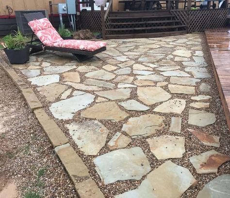 Flagstone And Pebble Patio, Patio With Flagstone Pavers, Backyard Stone Patio Ideas Diy, Slate Gravel Patio, Stone And Rock Patio, Loose Stone Patio Ideas, How To Lay Flagstone Patio, Flagstone And Gravel Patio, Natural Stone Paver Patio