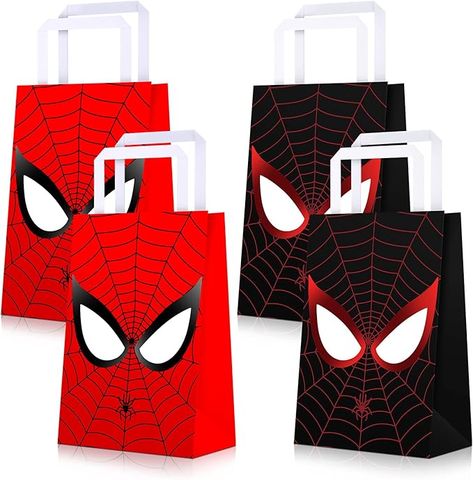 Spider Man Party Bags, Miles Morales Birthday Party Decorations, Miles Morales Party Ideas, Spiderman Goodie Bags, Miles Morales Birthday Party, Spider Treats, Spiderman Gifts, Spiderman Theme, Spiderman Birthday Party