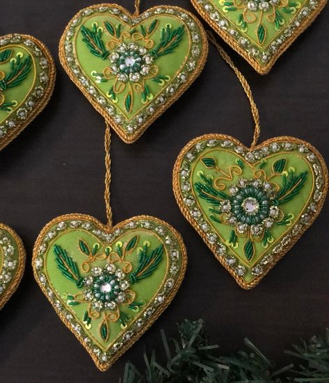 Green Heart Christmas Ornaments, Holiday Decor, Xmas Hanging, Handmade Christmas Hanging, Decorative Tree Hanging Gift Set of 6 and More - Etsy Hungary Embellished Christmas Ornaments, Hand Embroidered Christmas Ornaments, Beaded Felt Ornaments, Embroidered Baubles, Velvet Christmas Ornaments, Green Christmas Ornaments, Embroidered Ornaments, Embroidered Christmas Ornaments, Green Ornaments