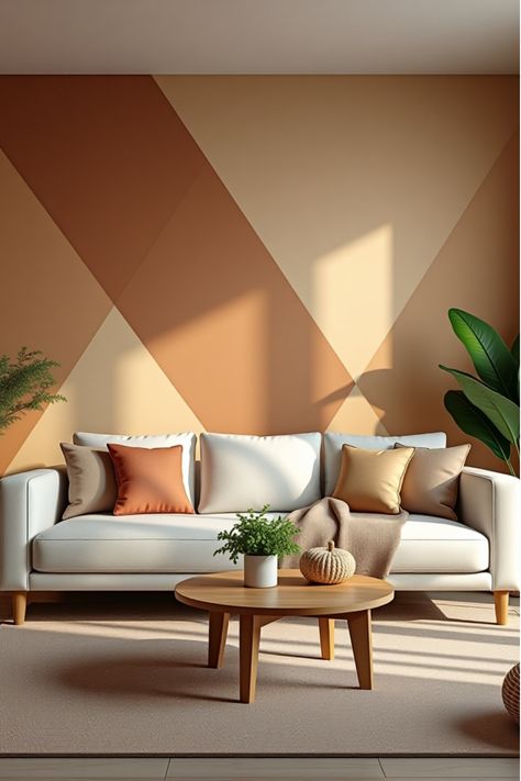 Serene living room with painted geometric feature wall Graphic Accent Wall, Asymmetrical Painted Wall, Simple Living Room Accent Wall, Office Room Wall Painting Ideas, Wall Painting Living Room Modern, Accent Wall With Design, Geometric Pattern Wall Design, Living Area Paint Ideas, Paint Design Ideas For Walls