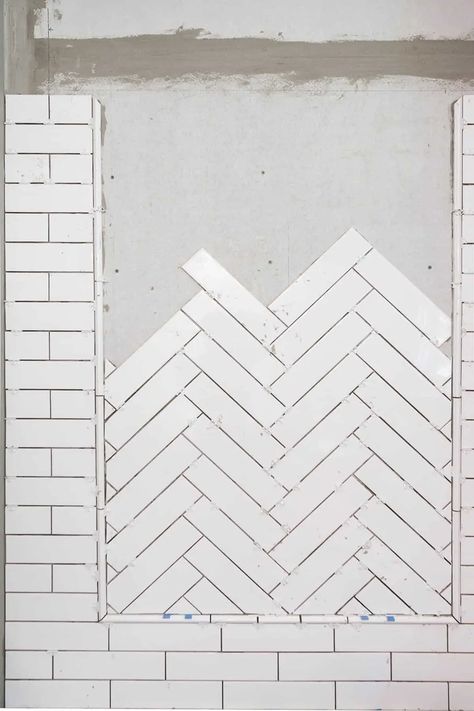 White Herringbone Tile Floor, Herringbone Shower, Herringbone Subway Tile, Herringbone Tile Pattern, Rustic Remodel, White Herringbone Tile, Subway Tile Patterns, Herringbone Tile Floors, Tile Accent Wall