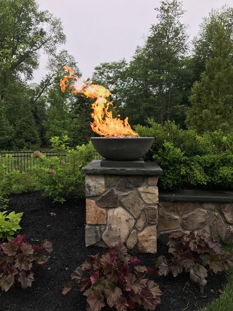 Round fire bowl on pedestal. See our website for more details. Above Ground Fire Pit, Outdoor Fireplaces, Outdoor Living Design, Fire Features, Backyard Fire, Fire Bowls, Deck Garden, Patio Stones, Firepit