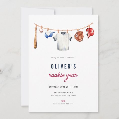 Our little rookie is one! ⚾ Planning a baseball themed first birthday party? Gather your family and friends with a customizable baseball rookie year birthday party invite. Easily edit your editable baseball 1st birthday invite with all of the baseball theme birthday party details.   This editable rookie year birthday party invitation sets the tone for your baseball theme birthday celebration. The CAREW Collection features a white background with a pinestripe baseball uniform, baseball cap, glove, baseball, helmet, and baseball bat all hanging from a clotheline. A pairing of sans serif, serif and baseball fonts in red, navy blue and gray with editable text completes this rookie year baseball 1st birthday party invitation for your little slugger. Rookie Year 1st Birthday, Rookie Year Birthday Party, Baseball Themed First Birthday, Baseball Theme Birthday Party, Baseball Birthday Party Invitations, Baseball Birthday Invitations, Baseball Theme Birthday, Baseball First Birthday, First Birthday Cupcakes