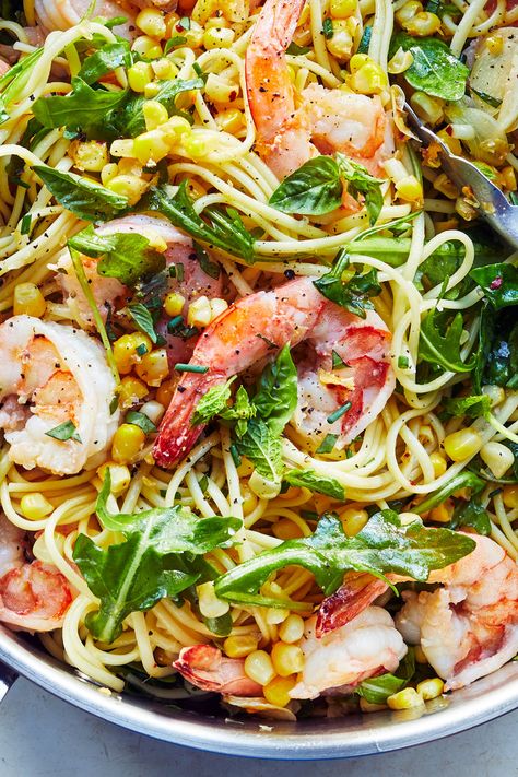 Shrimp Linguine With Herbs, Corn and Arugula Recipe - NYT Cooking - great summer pasta! Baked Ziti With Sausage, Shrimp Corn, Pasta With Shrimp, Shrimp Linguine, Arugula Recipes, Barley Salad, Herb Salad, Bacon Pasta, Red Lentil Soup