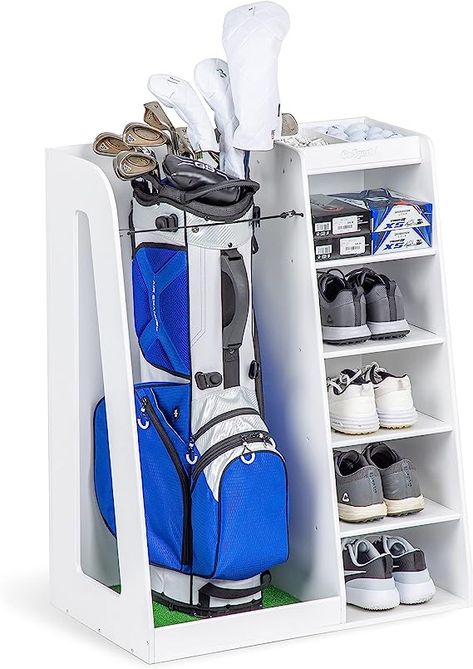 PREMIUM GOLF BAG ORGANIZER: Keep your golf gear organized in a premium, modern looking wood storage cabinet; Designed to fit 1 full size golf bag, 4-5 pairs of golf shoes and accessories; Assembled size measures 29 in width x 37 in height x 17 in depth Golf Organizer, Sport Rack, Home Office Garage, Football Accessories, Gear Organizer, Office Garage, Wood Storage Cabinets, Storage Bags Organization, Storage Racks