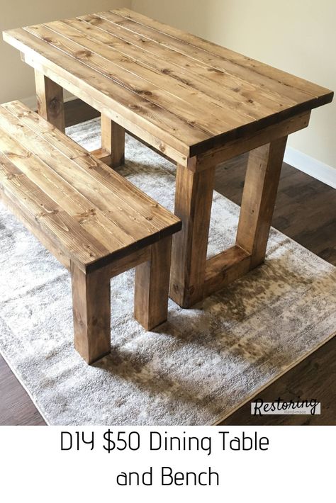 Follow this tutorial to see how you can make a quick and budget-friendly table and bench! Diy Table With Bench, Diy Small Rectangle Kitchen Table, Pallet Dining Table Diy, Diy Dining Table With Bench, Diy Small Dinner Table, Wood Working Kitchen Table, Small Diy Kitchen Table, Small Farmhouse Table Diy, Easy Diy Kitchen Table