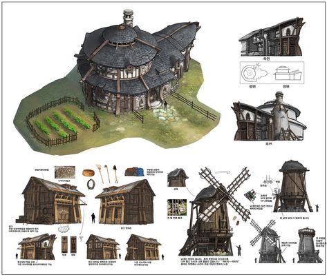 TERA concept art, Red Hong on ArtStation at https://www.artstation.com/artwork/OGB1y Farmer House, Building Concept, Arte Cyberpunk, 3d Modelle, Building Art, Fantasy House, Fantasy City, Fantasy Places, Landscape Scenery