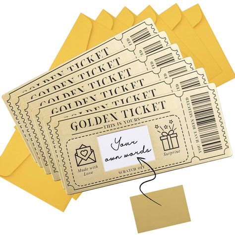 6 Pieces Golden Ticket Scratch-off Cards with Envelopes, Scratch & Reveal Surprise Ticket for Writing Your Own Special for Birthday, Girlfriends, Wives, Valentine's Day Card, Christmas Gift Card Gift Card Packaging, Intaglio Printing, Happy Chocolate Day, Dinner Gifts, Theatre Gifts, Scratch Off Cards, Gold Envelopes, Golden Ticket, Scratch Card